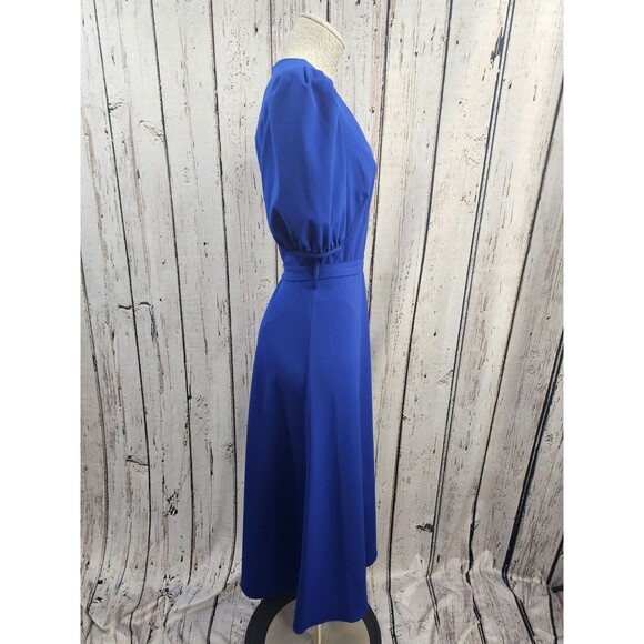 ALK Women's 10 Calvin Klein Blue Puff Sleeve Tie Waist Midi Length V-Neck Dress - Picture 2 of 7